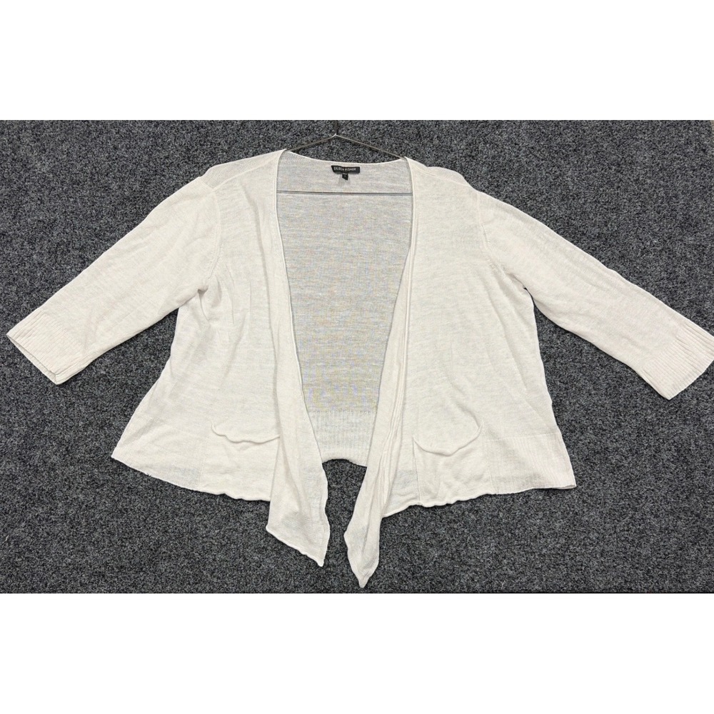 Eileen Fisher Cardigan Womens L White 100% Linen Open Front 3/4 Sleeve Pockets